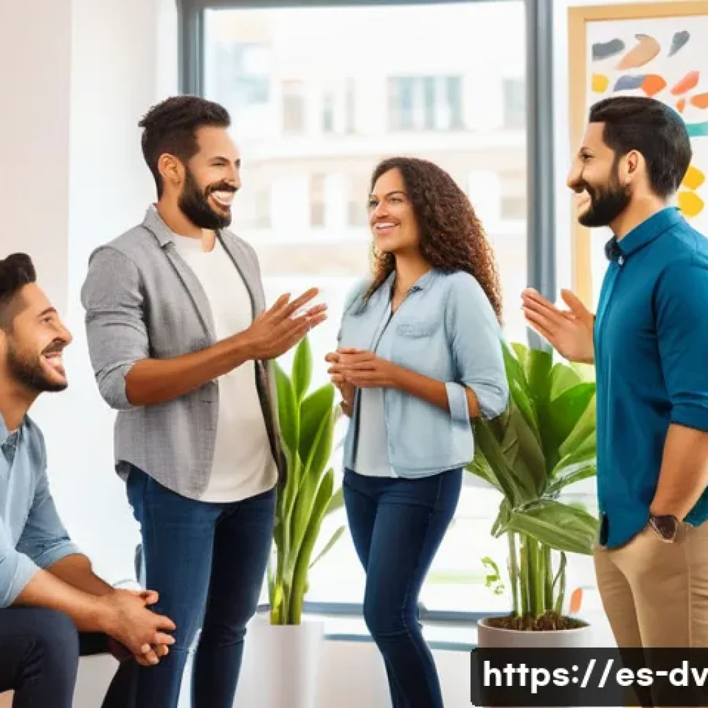 포지티브 심리학의 적용 범위와 사례 - A warm and inviting scene of a diverse group of Latin American adults in a modern office space, enga...