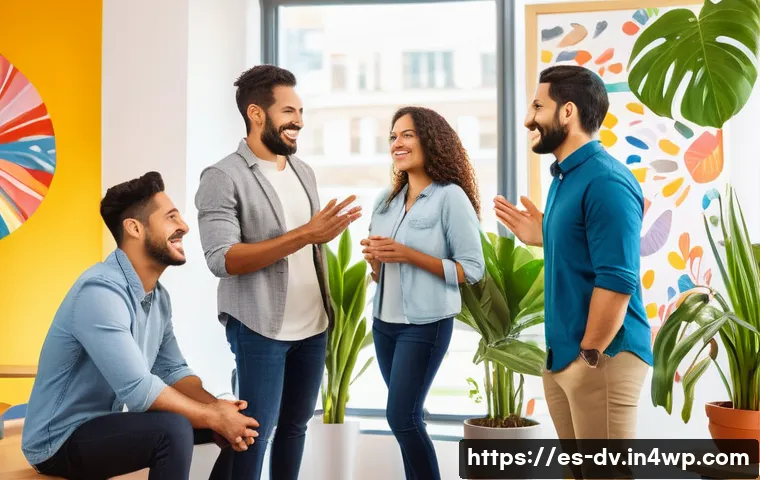 포지티브 심리학의 적용 범위와 사례 - A warm and inviting scene of a diverse group of Latin American adults in a modern office space, enga...