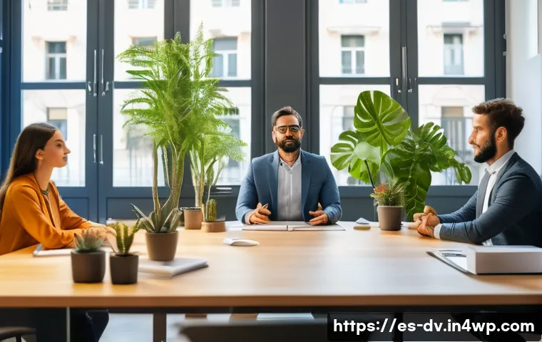 포지티브 심리학의 심리적 측면과 그 활용 사례 - A vibrant office scene showing a diverse group of Spanish-speaking professionals in a modern Barcelo...