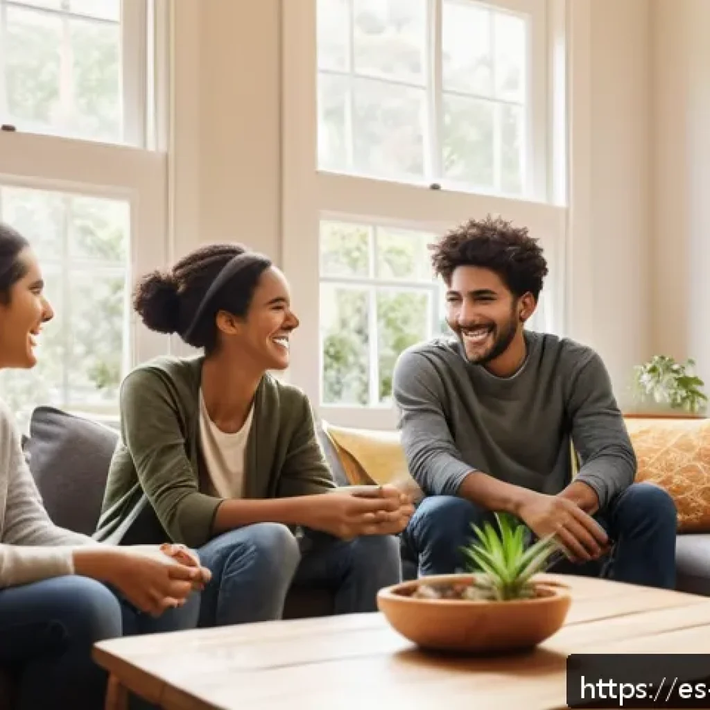 포지티브 심리학을 통한 자아 개발과 성장 여정 - A warm, inviting scene of a diverse group of young adults gathered in a cozy living room, sharing pe...