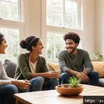 Home 19 포지티브 심리학을 통한 자아 개발과 성장 여정 - A warm, inviting scene of a diverse group of young adults gathered in a cozy living room, sharing pe...