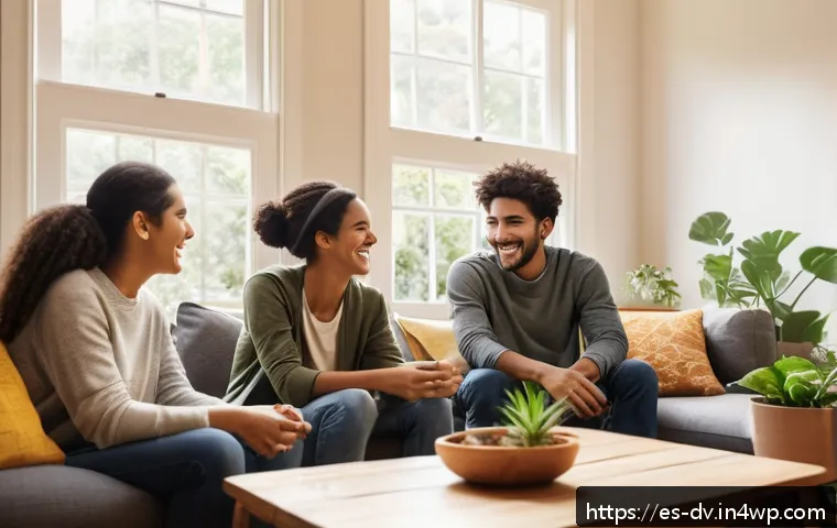 포지티브 심리학을 통한 자아 개발과 성장 여정 - A warm, inviting scene of a diverse group of young adults gathered in a cozy living room, sharing pe...