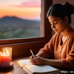 Home 23 포지티브 심리학의 이론과 실제를 연결하는 방법 - A serene scene of a young Hispanic woman sitting comfortably at a wooden desk in a cozy, warmly lit ...