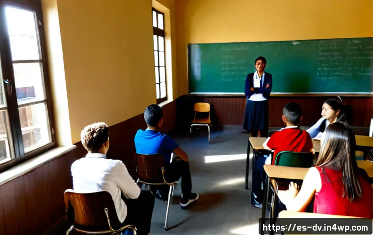 Home 33 포지티브 심리학을 적용한 학교 내 갈등 해결 방안 - Photorealistic Spanish secondary school classroom conflict-resolution circle, diverse teenage studen...
